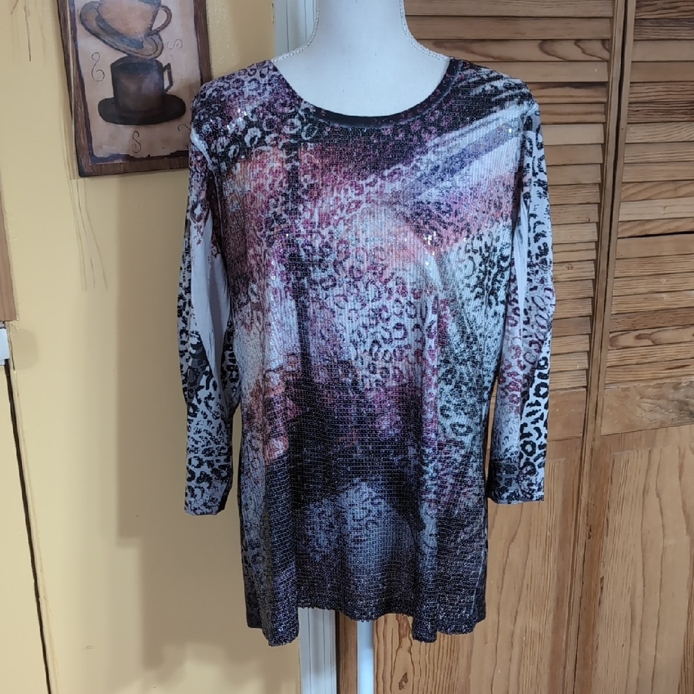 Chico's 3 Multicolor Sequin Animal Print Long Sleeve Tunic Top XL